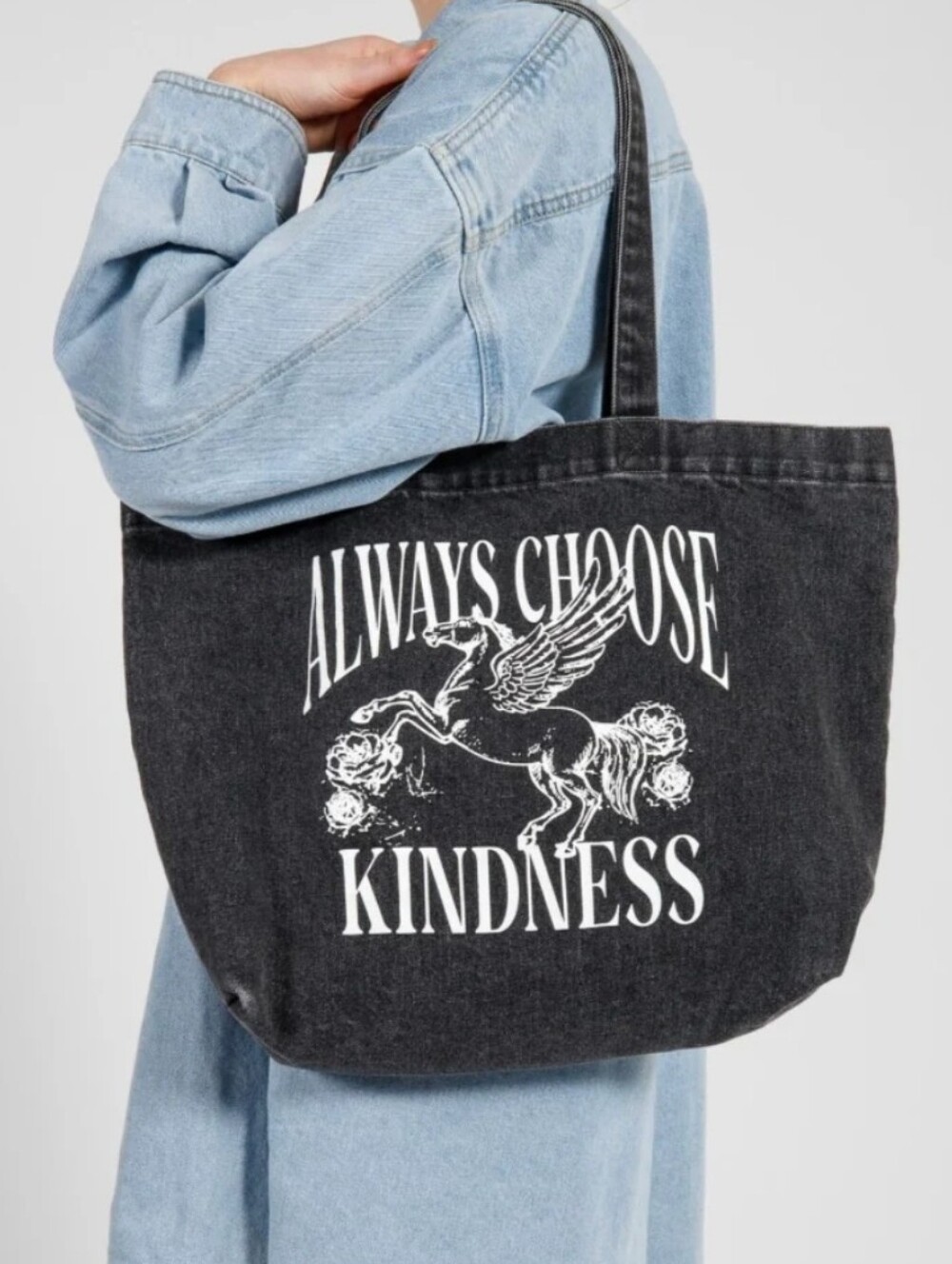 Brunette The Label Black Denim Always Choose Kindness Tote Bag New